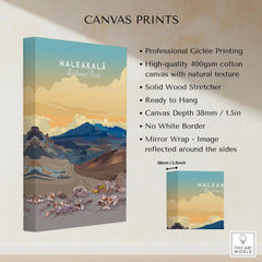 Haleakalā Volcano Poster, Maui Hawaii Travel Print, National Park Wall Art canvas print specifications: 400gsm cotton canvas, solid wood stretcher, 38mm depth, mirror wrap
