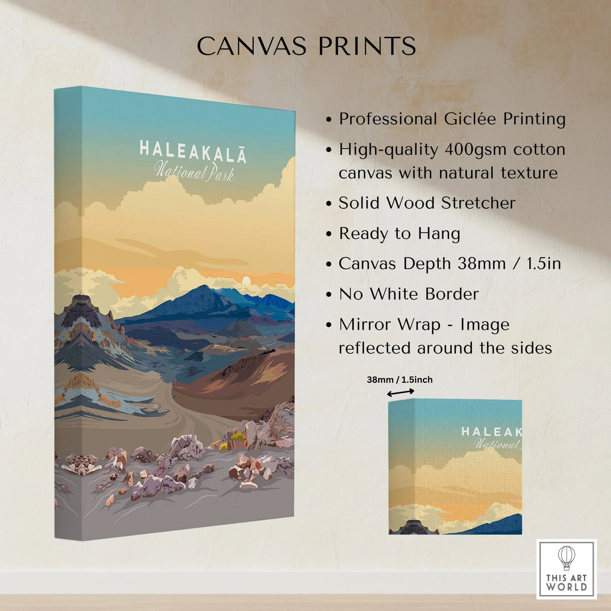 Haleakalā Volcano Poster, Maui Hawaii Travel Print, National Park Wall Art canvas print specifications: 400gsm cotton canvas, solid wood stretcher, 38mm depth, mirror wrap