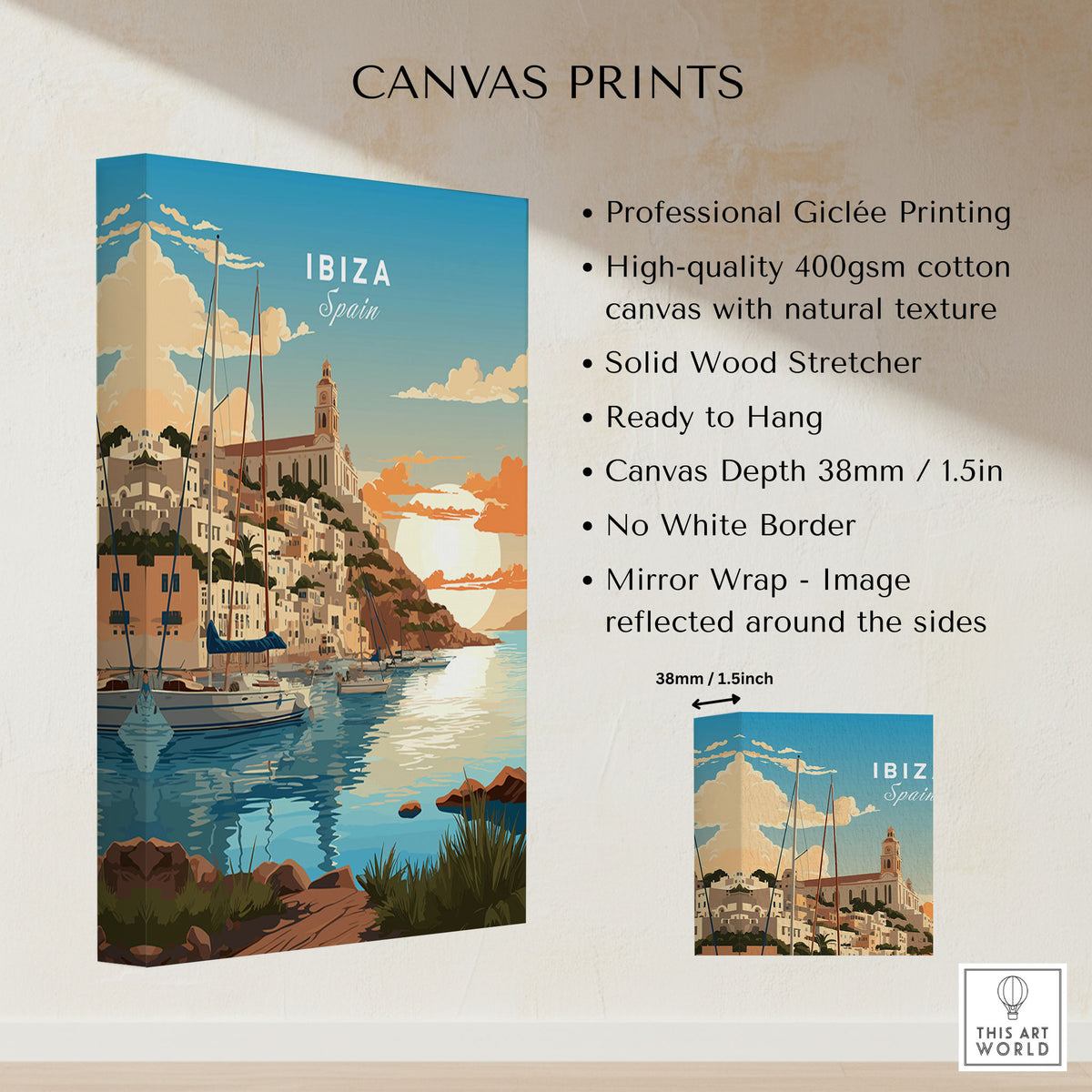 Ibiza Poster Print canvas print specifications: 400gsm cotton canvas, solid wood stretcher, 38mm depth, mirror wrap