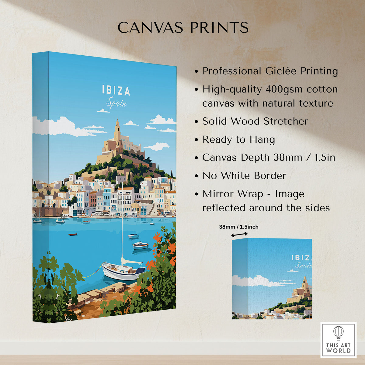 Ibiza Print canvas print specifications: 400gsm cotton canvas, solid wood stretcher, 38mm depth, mirror wrap