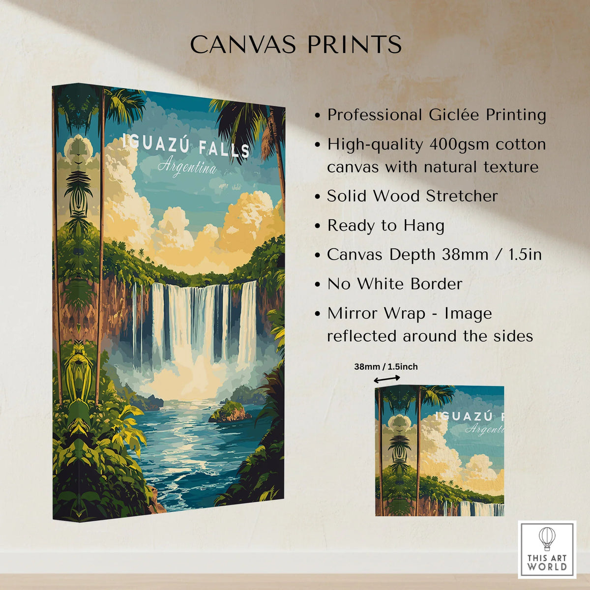 Iguazu Falls Wall Art canvas print specifications: 400gsm cotton canvas, solid wood stretcher, 38mm depth, mirror wrap