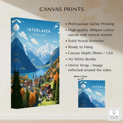 Interlaken Poster canvas print specifications: 400gsm cotton canvas, solid wood stretcher, 38mm depth, mirror wrap