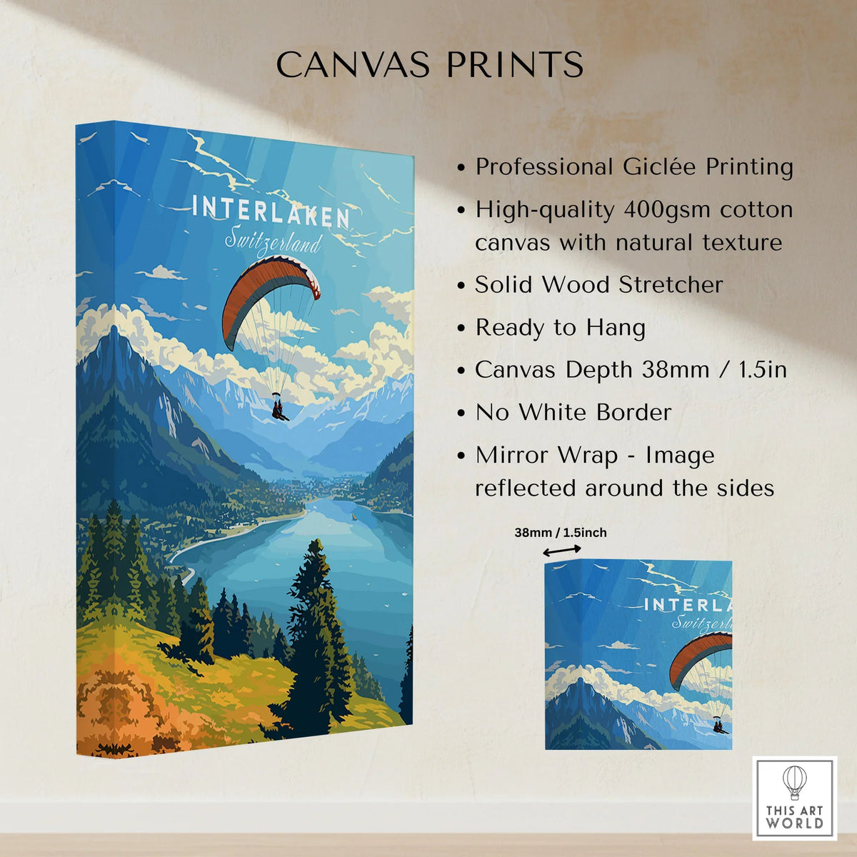 Interlaken Switzerland Poster canvas print specifications: 400gsm cotton canvas, solid wood stretcher, 38mm depth, mirror wrap