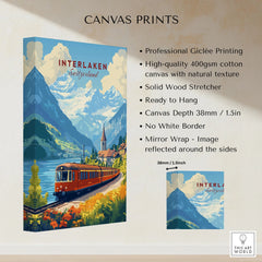 Interlaken Travel Print canvas print specifications: 400gsm cotton canvas, solid wood stretcher, 38mm depth, mirror wrap
