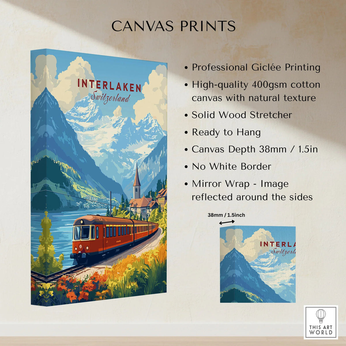 Interlaken Travel Print canvas print specifications: 400gsm cotton canvas, solid wood stretcher, 38mm depth, mirror wrap