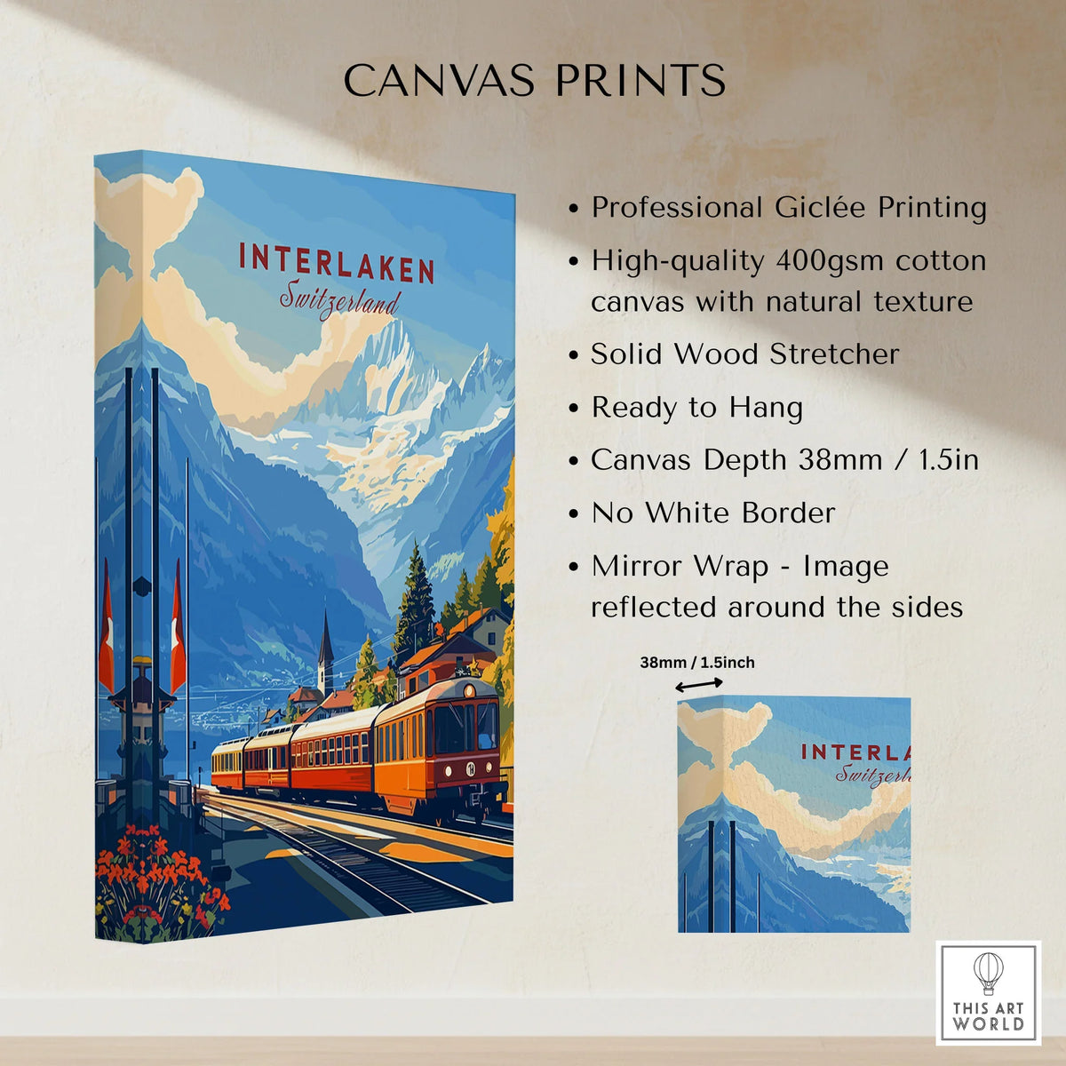 Interlaken Wall Art canvas print specifications: 400gsm cotton canvas, solid wood stretcher, 38mm depth, mirror wrap