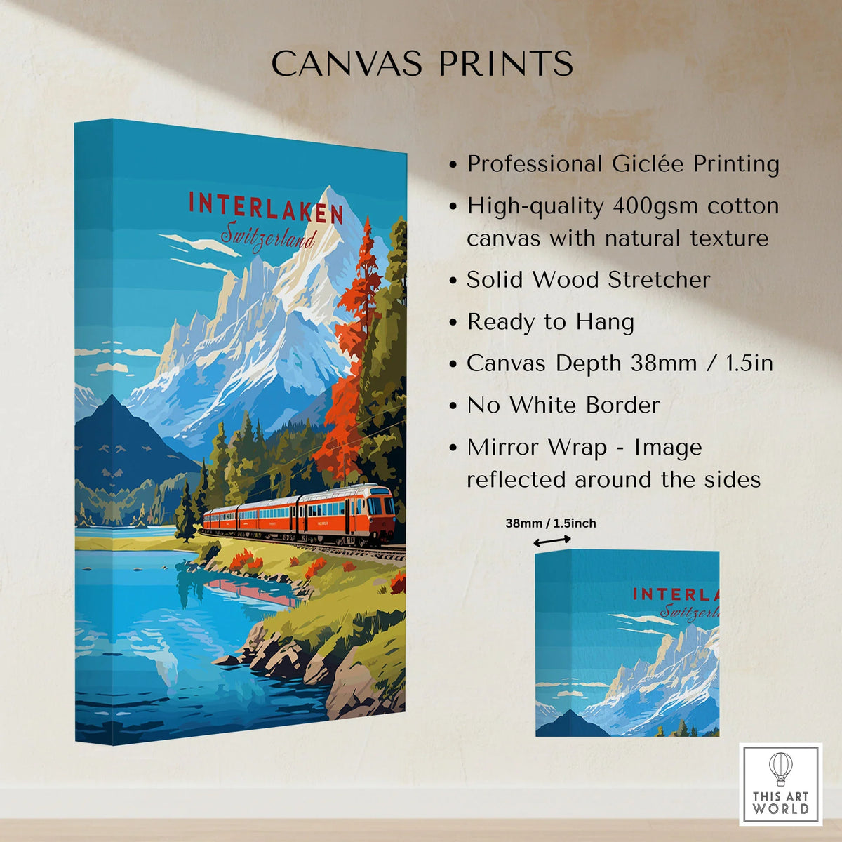 Interlaken Print Switzerland canvas print specifications: 400gsm cotton canvas, solid wood stretcher, 38mm depth, mirror wrap