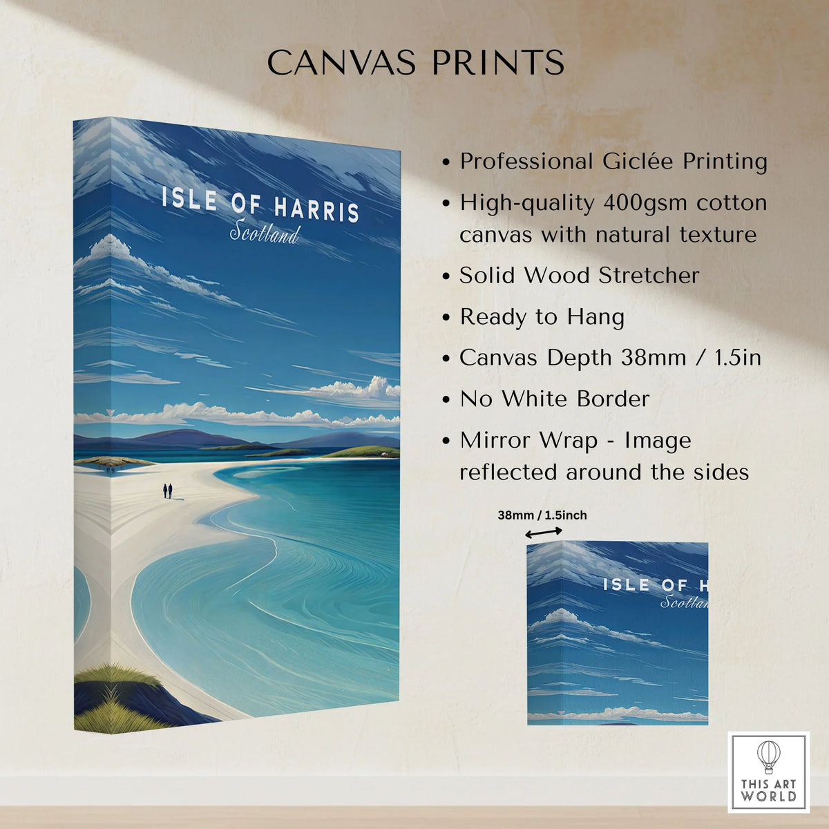 Isle of Harris Scotland Luskentyre Beach Print - White Sand Coastal Wall Art canvas print specifications: 400gsm cotton canvas, solid wood stretcher, 38mm depth, mirror wrap