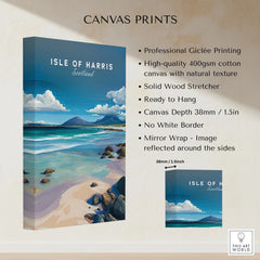 Isle of Harris Scotland Blue Sky Beach Print - Rocky Coastline Wall Art canvas print specifications: 400gsm cotton canvas, solid wood stretcher, 38mm depth, mirror wrap
