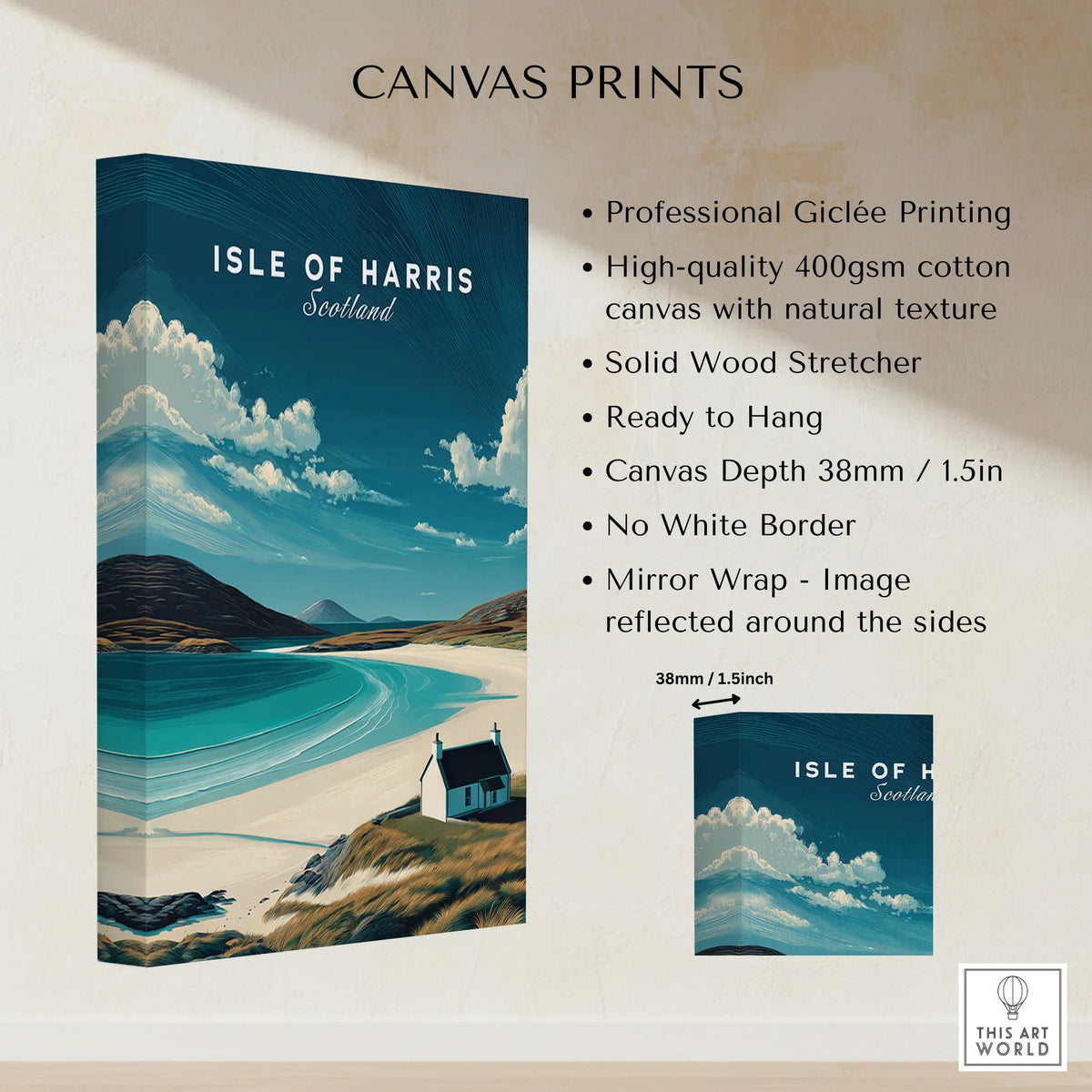 Isle of Harris Scotland Beach House Seascape Poster - Remote Scottish Isle Print canvas print specifications: 400gsm cotton canvas, solid wood stretcher, 38mm depth, mirror wrap
