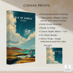 Isle of Harris Print Scotland Coastal Cottage Landscape - Rolling Hills Wall Art canvas print specifications: 400gsm cotton canvas, solid wood stretcher, 38mm depth, mirror wrap