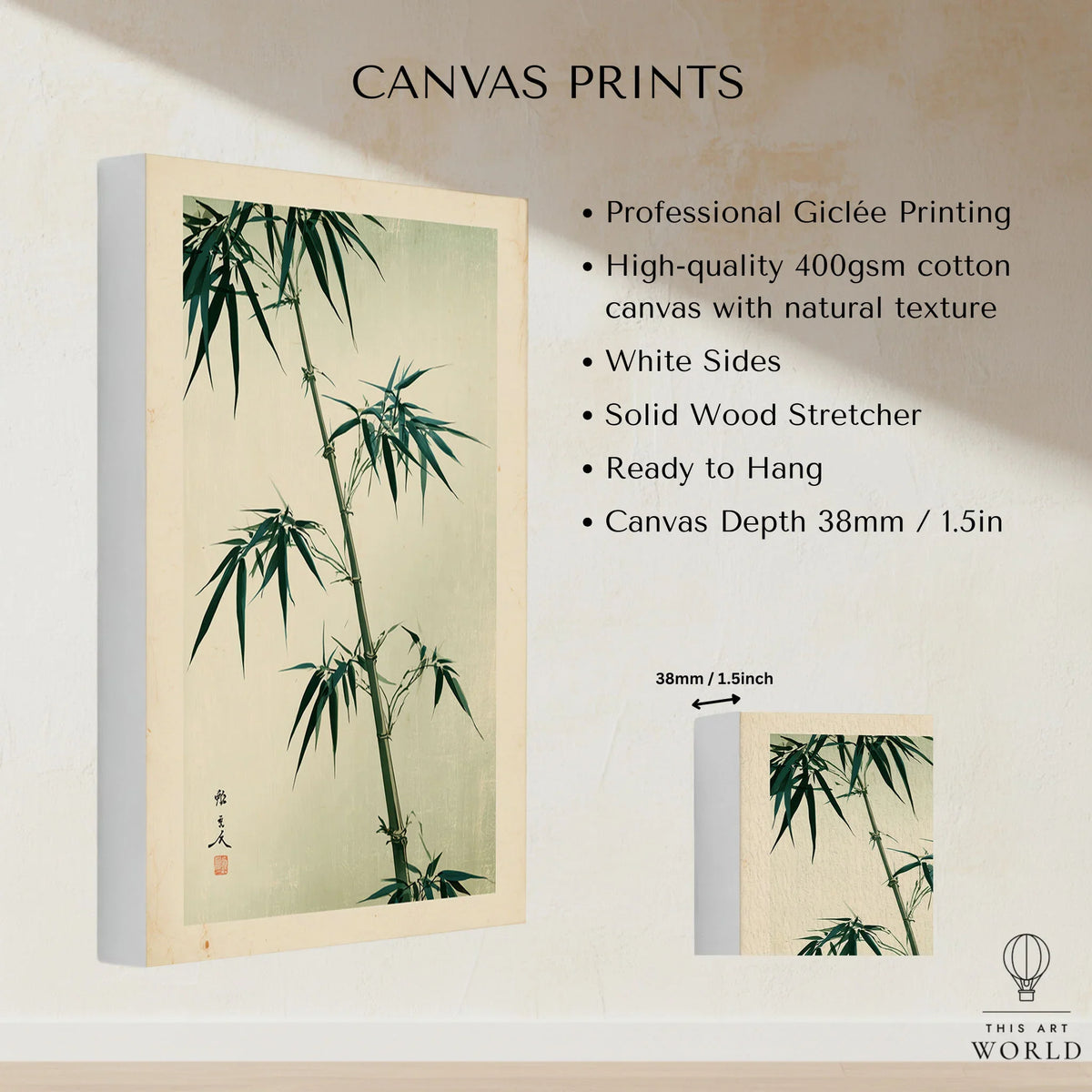 Green Bamboo Art Print – Japanese Botanical Wall Art — canvas print stretched cotton canvas details