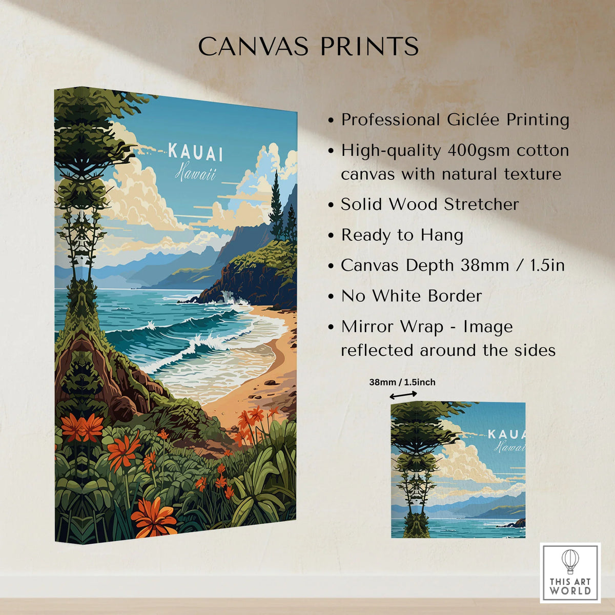 Kauai Print canvas print specifications: 400gsm cotton canvas, solid wood stretcher, 38mm depth, mirror wrap