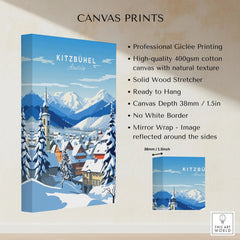 Kitzbuhel Poster canvas print specifications: 400gsm cotton canvas, solid wood stretcher, 38mm depth, mirror wrap