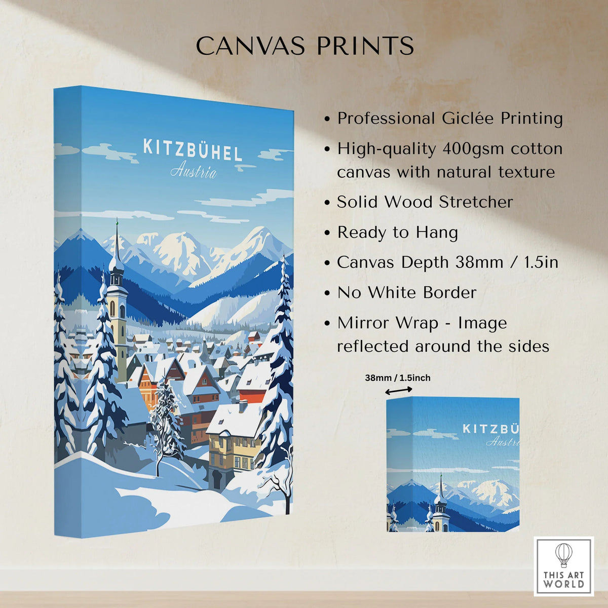 Kitzbuhel Poster canvas print specifications: 400gsm cotton canvas, solid wood stretcher, 38mm depth, mirror wrap