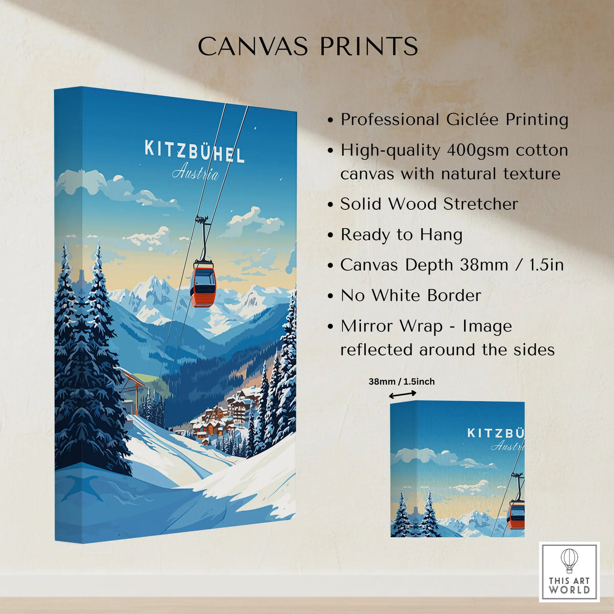 Kitzbuhel Art Print canvas print specifications: 400gsm cotton canvas, solid wood stretcher, 38mm depth, mirror wrap