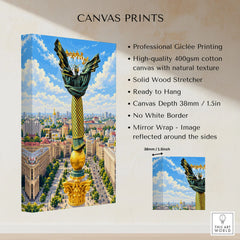 Kyiv Ukraine Independence Monument Travel Poster — the Independence Monument rising above Maidan Nezalezhnosti and the Kyiv skyline, shown as canvas print stretched cotton canvas details