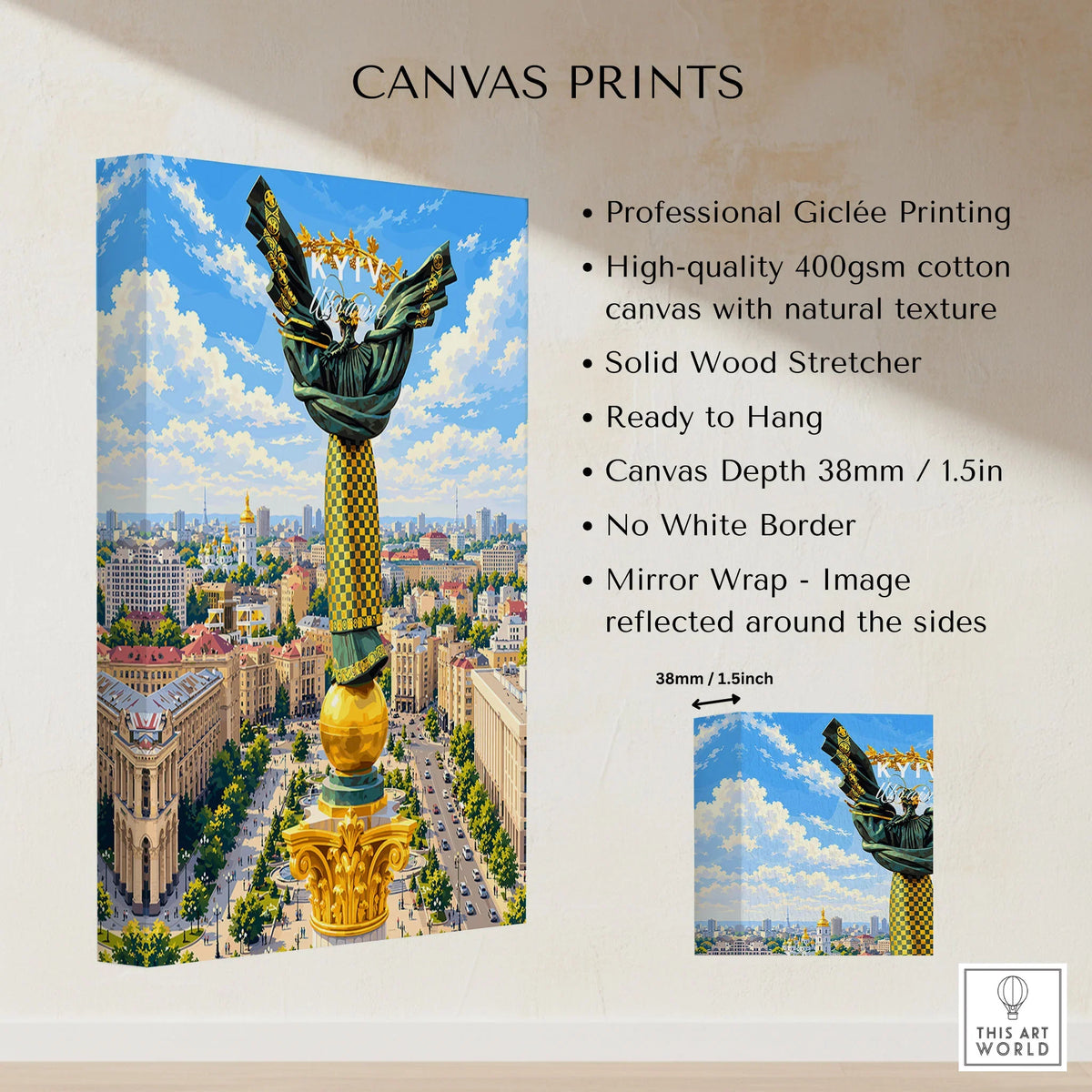 Kyiv Ukraine Independence Monument Travel Poster — the Independence Monument rising above Maidan Nezalezhnosti and the Kyiv skyline, shown as canvas print stretched cotton canvas details