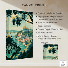 Kyiv Ukraine Golden Domes Travel Poster — golden domes on a wooded bluff above the Dnipro river, shown as canvas print stretched cotton canvas details