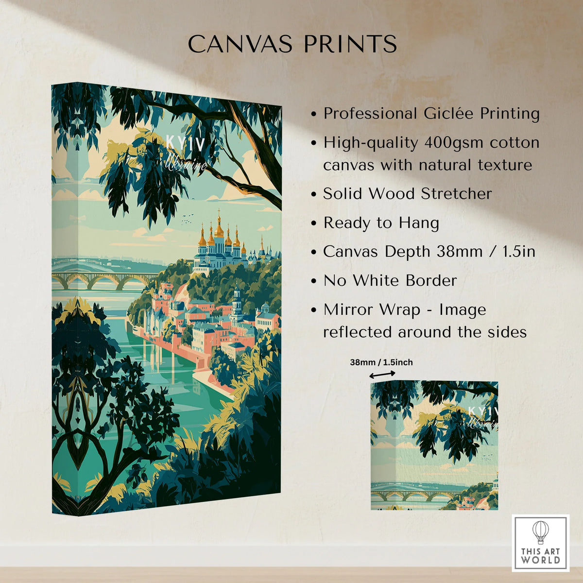 Kyiv Ukraine Golden Domes Travel Poster — golden domes on a wooded bluff above the Dnipro river, shown as canvas print stretched cotton canvas details