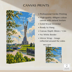 Kyiv Ukraine Motherland Monument Travel Poster — the Motherland Monument under spring blossom with the Ukrainian flag flying, shown as canvas print stretched cotton canvas details