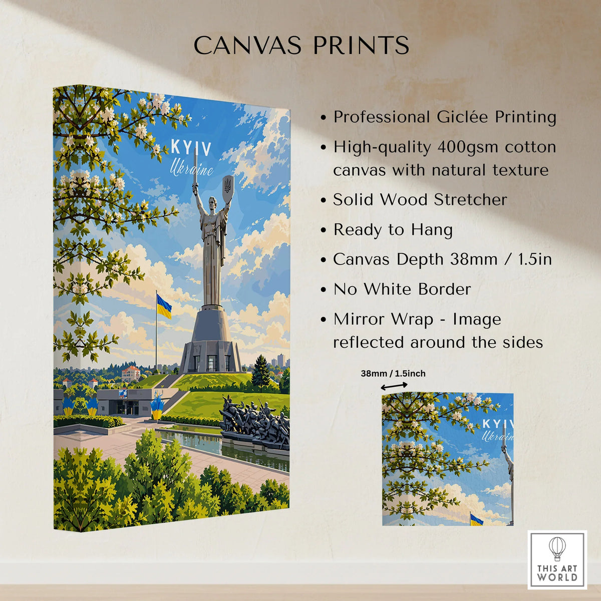 Kyiv Ukraine Motherland Monument Travel Poster — the Motherland Monument under spring blossom with the Ukrainian flag flying, shown as canvas print stretched cotton canvas details