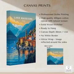 Lake Maggiore Print canvas print specifications: 400gsm cotton canvas, solid wood stretcher, 38mm depth, mirror wrap