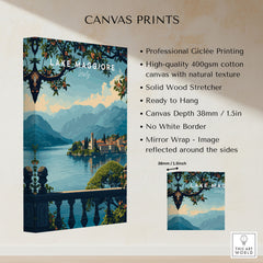 Lake Maggiore Travel Poster canvas print specifications: 400gsm cotton canvas, solid wood stretcher, 38mm depth, mirror wrap