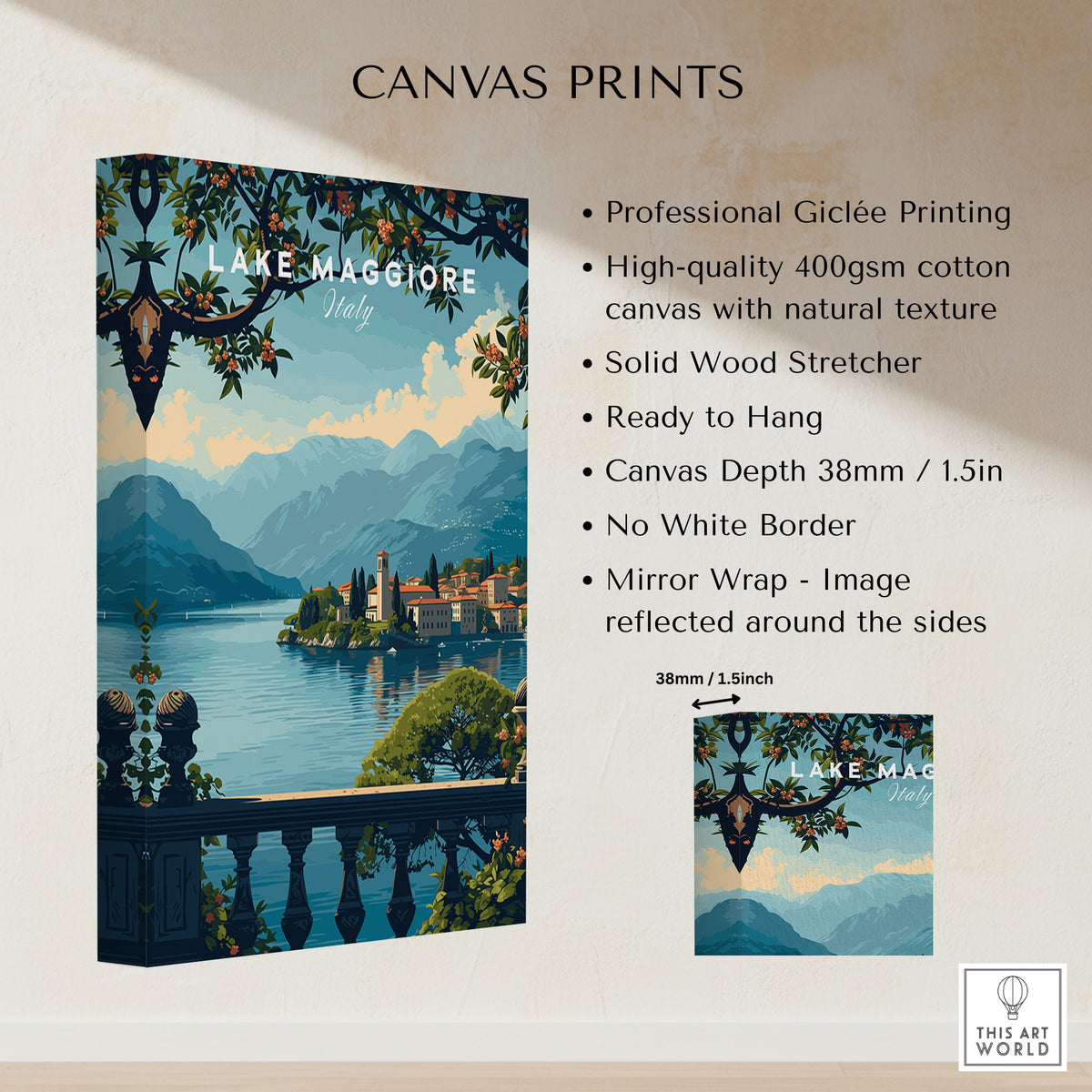 Lake Maggiore Travel Poster canvas print specifications: 400gsm cotton canvas, solid wood stretcher, 38mm depth, mirror wrap