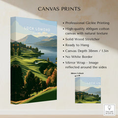 Loch Lomond Scotland Autumn Lochside Travel Poster — autumn slopes rolling down to Loch Lomond with Highland hills beyond, shown as canvas print stretched cotton canvas details