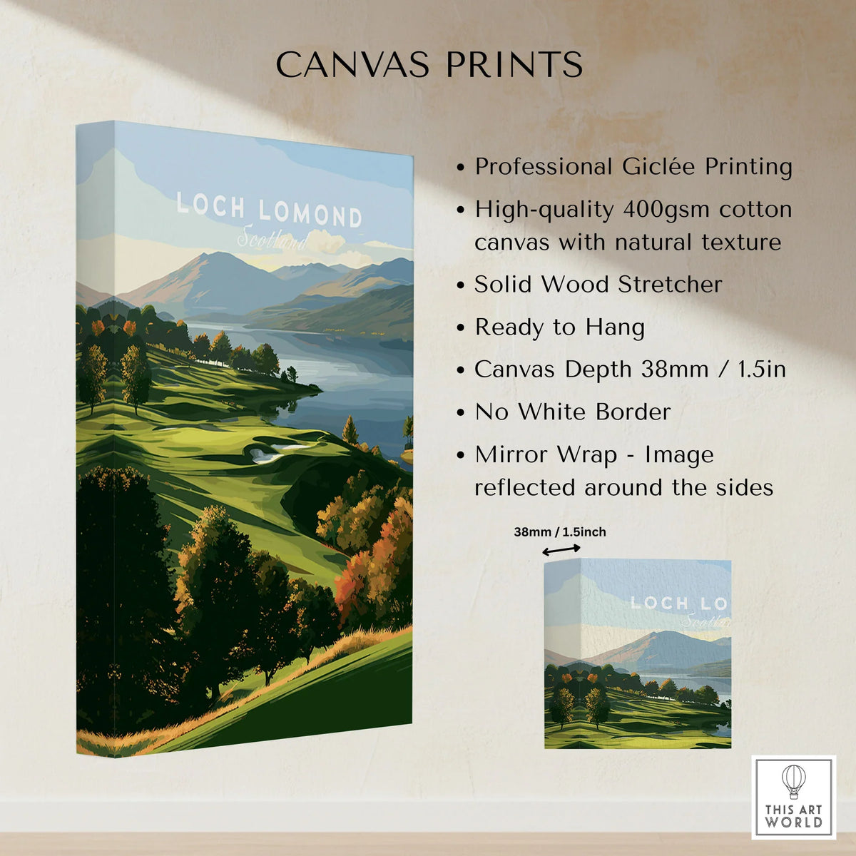 Loch Lomond Scotland Autumn Lochside Travel Poster — autumn slopes rolling down to Loch Lomond with Highland hills beyond, shown as canvas print stretched cotton canvas details