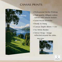 Loch Lomond Scotland Summer Shore Travel Poster — a sunlit grassy shoreline running down to Loch Lomond under old oaks, shown as canvas print stretched cotton canvas details