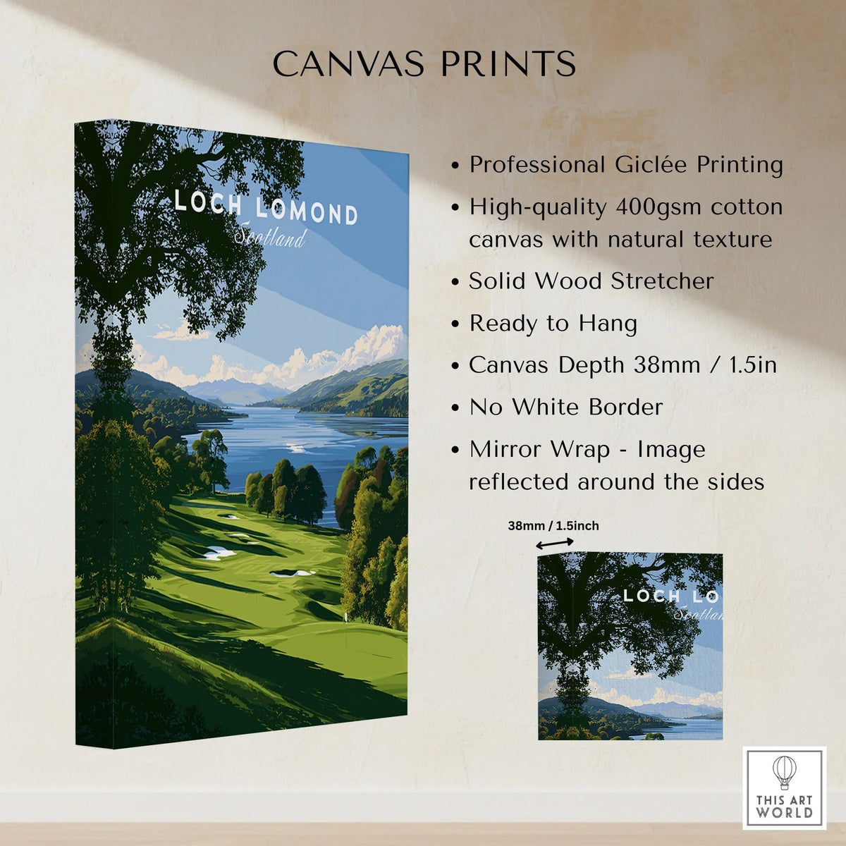 Loch Lomond Scotland Summer Shore Travel Poster — a sunlit grassy shoreline running down to Loch Lomond under old oaks, shown as canvas print stretched cotton canvas details