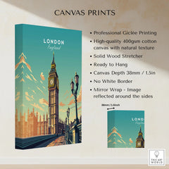 London Poster Big Ben canvas print specifications: 400gsm cotton canvas, solid wood stretcher, 38mm depth, mirror wrap