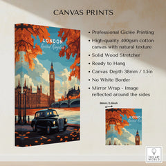 London Wall Art canvas print specifications: 400gsm cotton canvas, solid wood stretcher, 38mm depth, mirror wrap