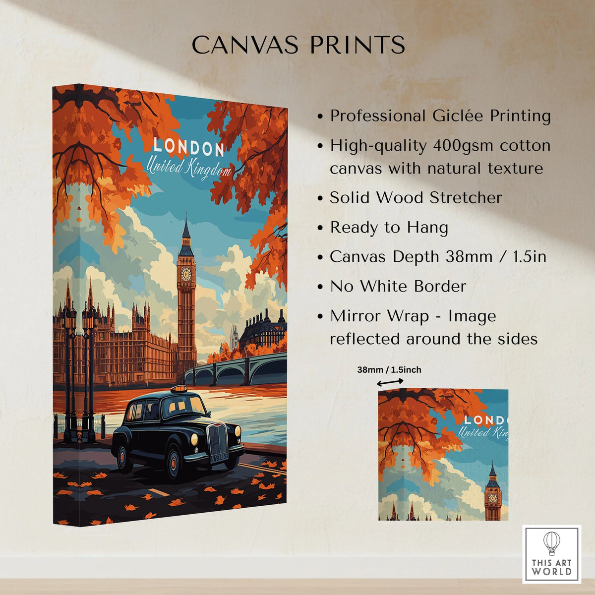 London Wall Art canvas print specifications: 400gsm cotton canvas, solid wood stretcher, 38mm depth, mirror wrap