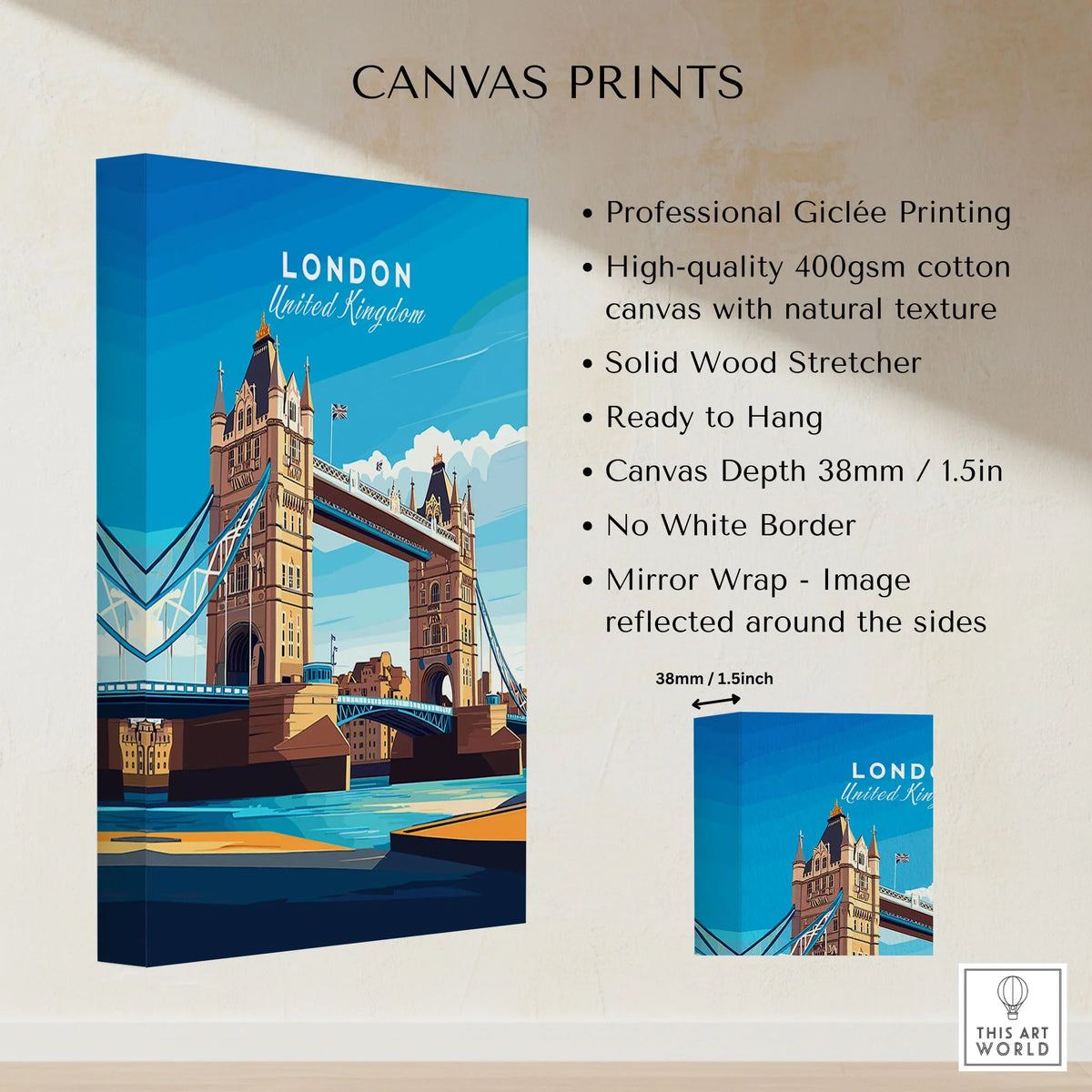 London Print England canvas print specifications: 400gsm cotton canvas, solid wood stretcher, 38mm depth, mirror wrap