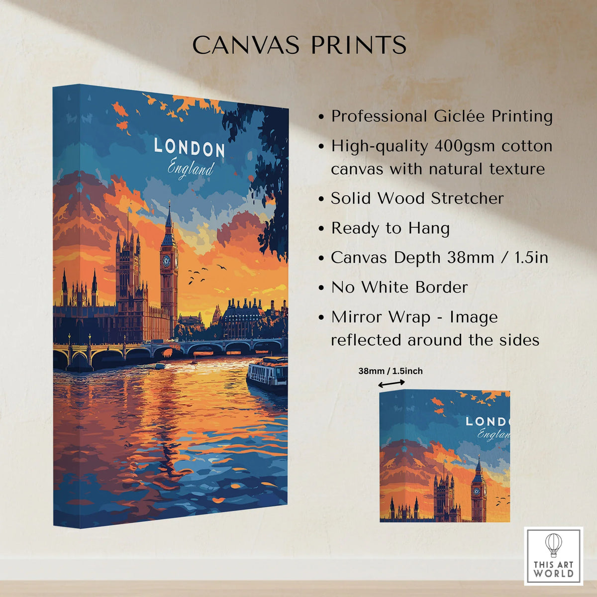 London Skyline Art | Big Ben & Houses of Parliament Print canvas print specifications: 400gsm cotton canvas, solid wood stretcher, 38mm depth, mirror wrap