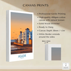 Agadir Morocco Wall Art canvas print specifications: 400gsm cotton canvas, solid wood stretcher, 38mm depth, mirror wrap