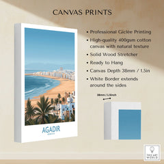 Agadir Morocco Print – Panoramic Beach and Palm Tree Wall Decor canvas print specifications: 400gsm cotton canvas, solid wood stretcher, 38mm depth, mirror wrap