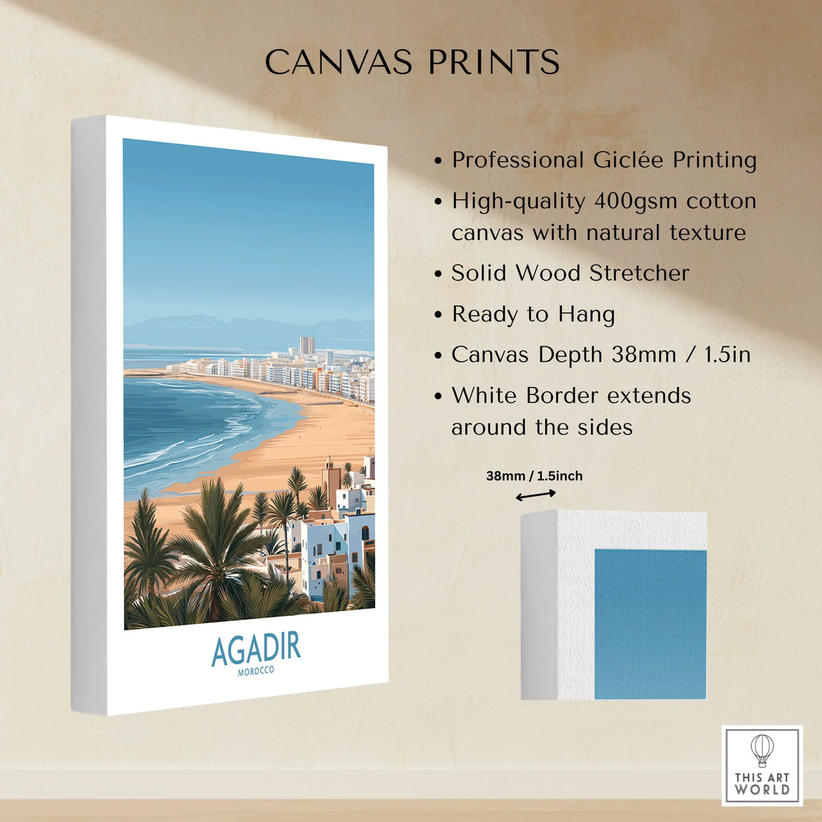 Agadir Morocco Print – Panoramic Beach and Palm Tree Wall Decor canvas print specifications: 400gsm cotton canvas, solid wood stretcher, 38mm depth, mirror wrap