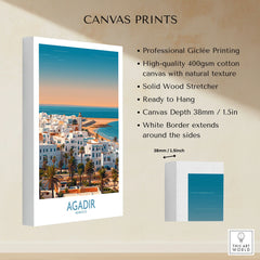 Agadir Morocco Wall Art – Mediterranean Canvas Art canvas print specifications: 400gsm cotton canvas, solid wood stretcher, 38mm depth, mirror wrap