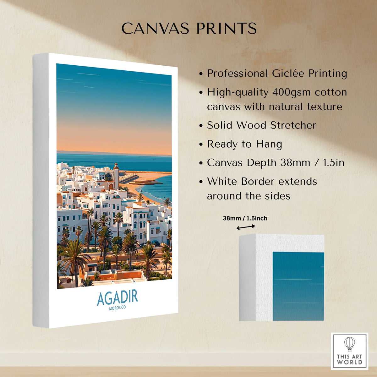 Agadir Morocco Wall Art – Mediterranean Canvas Art canvas print specifications: 400gsm cotton canvas, solid wood stretcher, 38mm depth, mirror wrap