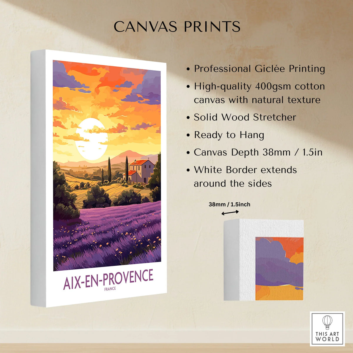 Aix-en-Provence Art Print canvas print specifications: 400gsm cotton canvas, solid wood stretcher, 38mm depth, mirror wrap