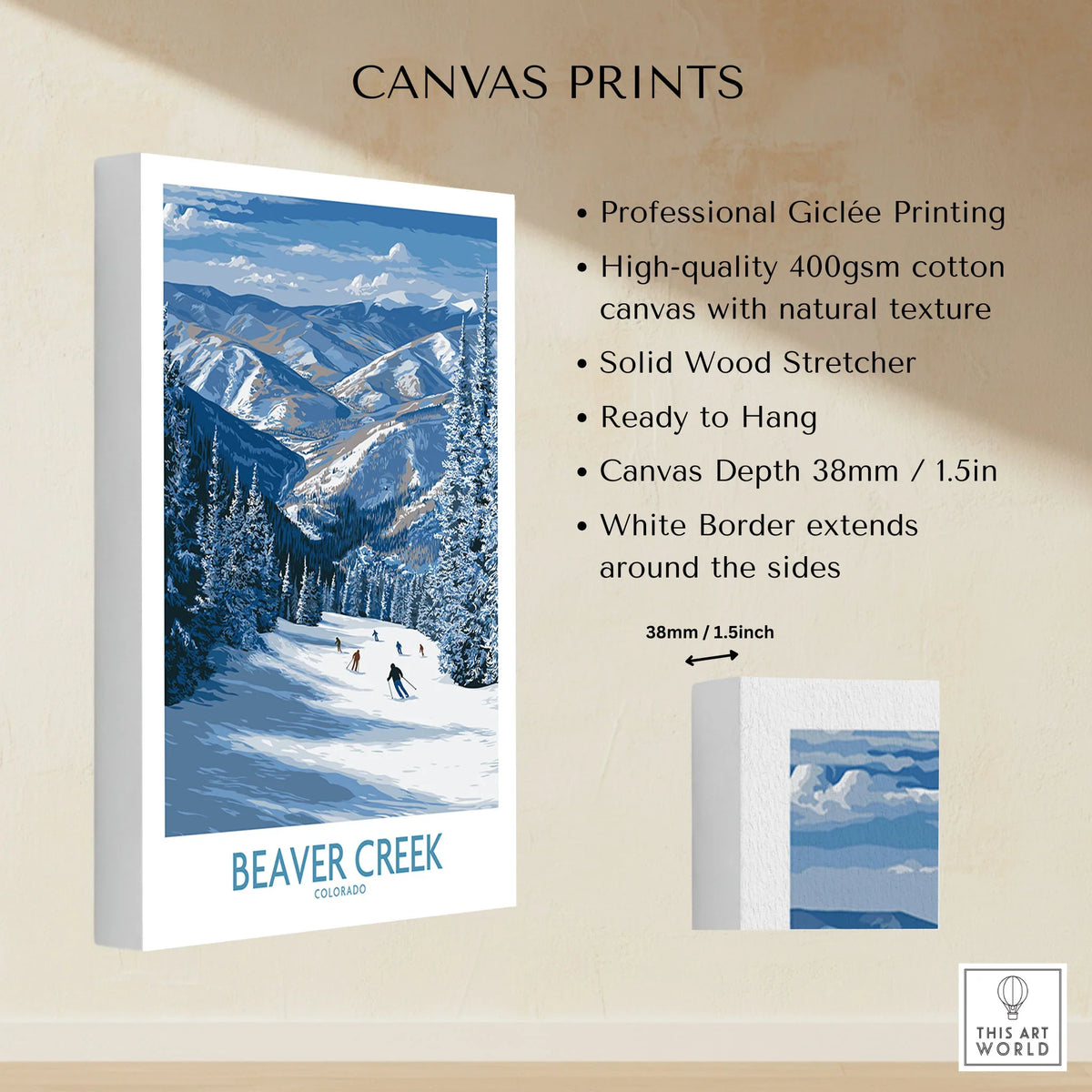 Beaver Creek Colorado Winter Wonderland Wall Art - Group Skiing Landscape canvas print specifications: 400gsm cotton canvas, solid wood stretcher, 38mm depth, mirror wrap