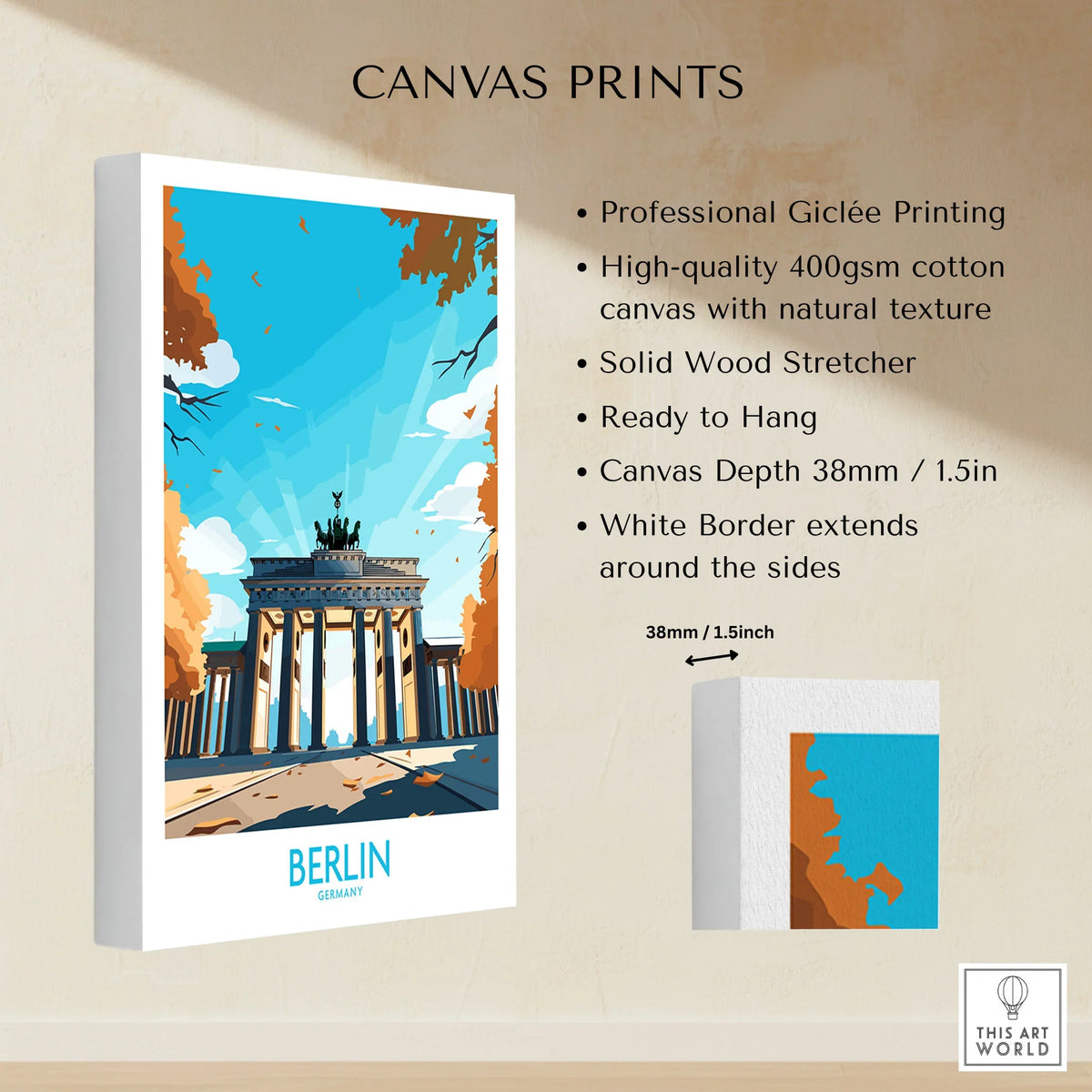 Berlin Wall Art Modern canvas print specifications: 400gsm cotton canvas, solid wood stretcher, 38mm depth, mirror wrap