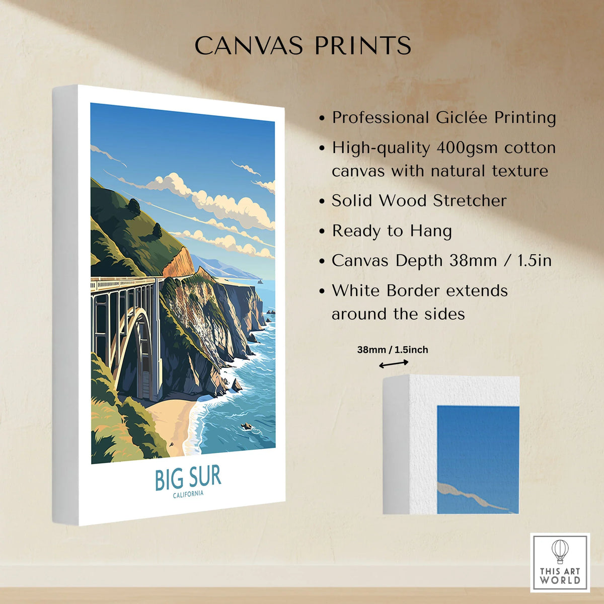 Big Sur Wall Art | Modern Style canvas print specifications: 400gsm cotton canvas, solid wood stretcher, 38mm depth, mirror wrap