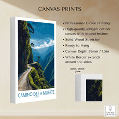 Camino de la Muerte Bolivia Cliff Road Wall Art — the Yungas cliff road curving along a jungle mountainside above the Bolivian Andes, shown as canvas print stretched cotton canvas details
