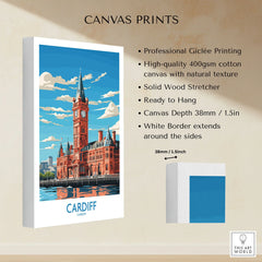 Cardiff Travel Print canvas print specifications: 400gsm cotton canvas, solid wood stretcher, 38mm depth, mirror wrap