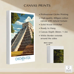 Mexico Chichén Itzá El Castillo Poster Mayan Temple Travel Print Ancient Ruins Wall Art canvas print specifications: 400gsm cotton canvas, solid wood stretcher, 38mm depth, mirror wrap